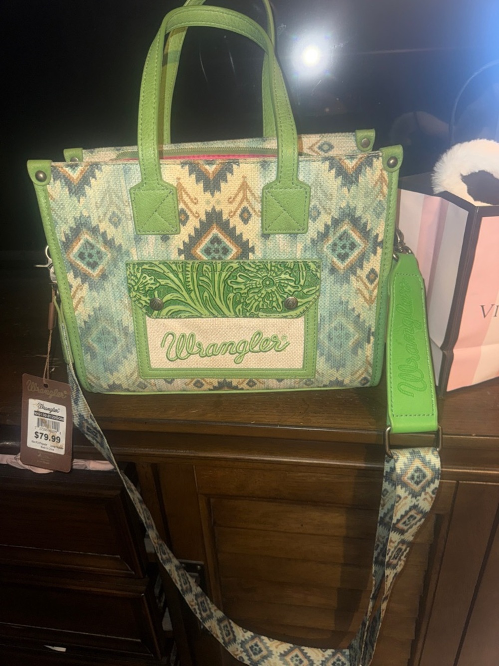 Wrangler Green Southwestern Crossbody Tote with Detachable Strap